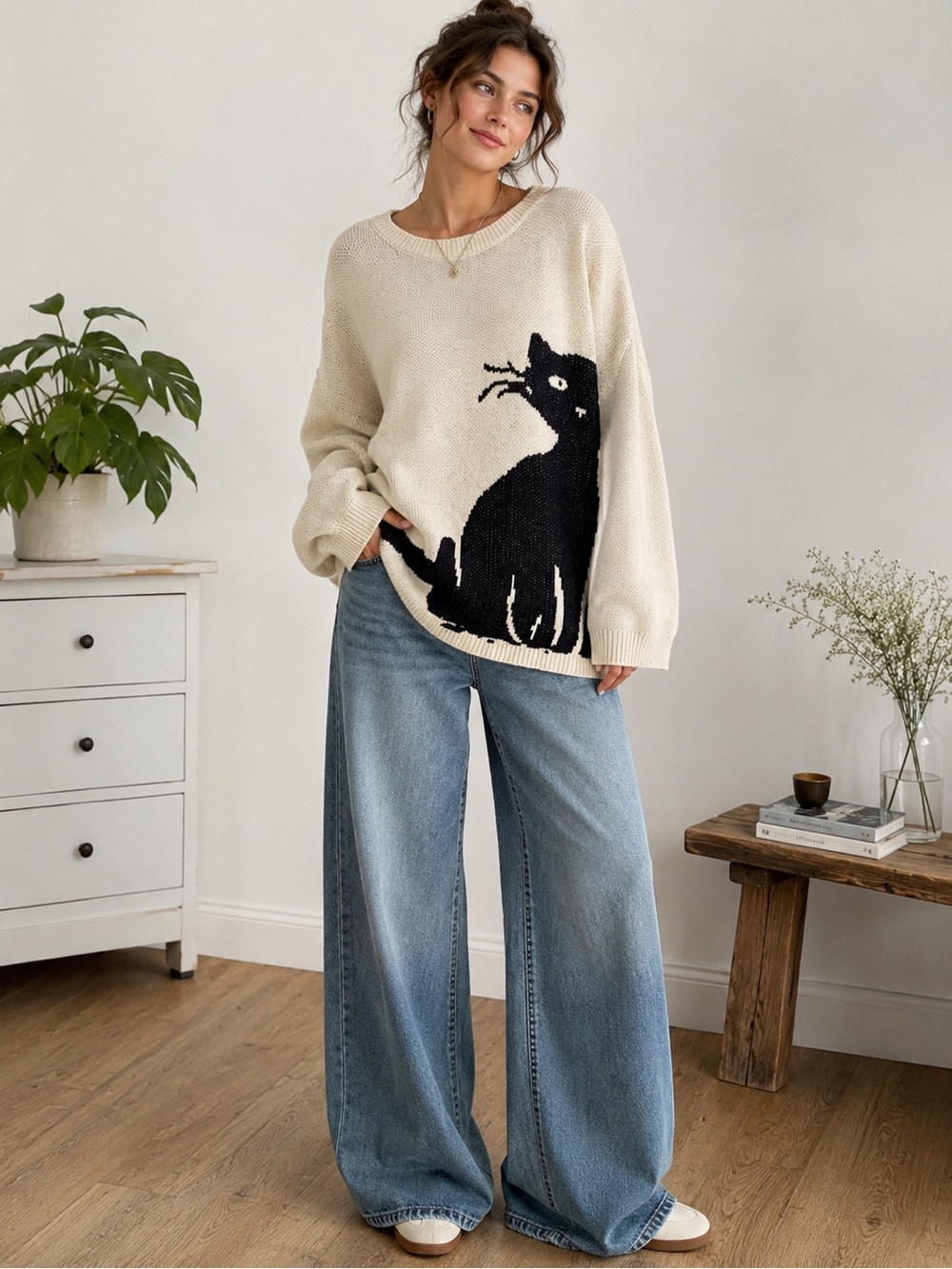 BloomChic Black Cat Graphic Sweater | Cream Knit | Size 10 | Whimsigoth Cozy